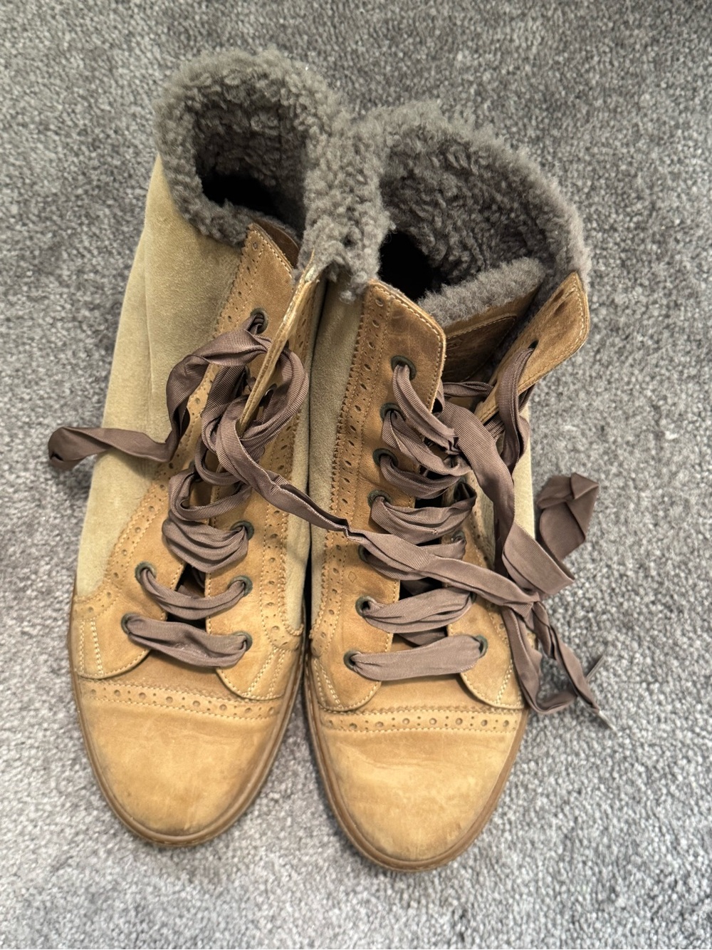 Brunello Cucinelli Tan Suede Lace-Up Shearling Boots